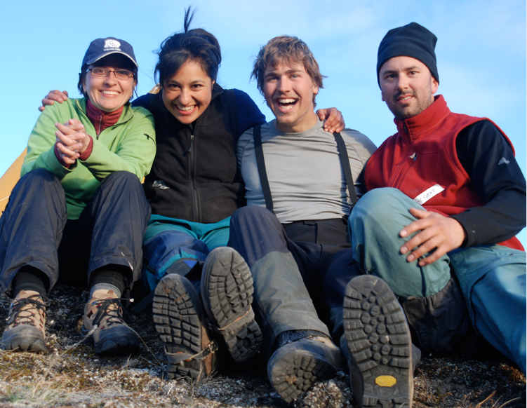 The study's lead author, Maya Bhatia, second from left, spent seven weeks on the southwestern margin of the Greenland ice sheet in the spring/summer 2008 with her colleagues: WHOI marine chemist Liz Kujawinski, far left, field assistant Ben Gready, second from right, from the University of Alberta, and WHOI marine chemist Matt Charette, far right. Other colleagues included glaciologist Sarah B. Das, and chemistry research associates Crystaline F. Breier and Paul Henderson, all from WHOI. (Photo by Matt Charette, Woods Hole Oceanographic Institution)
